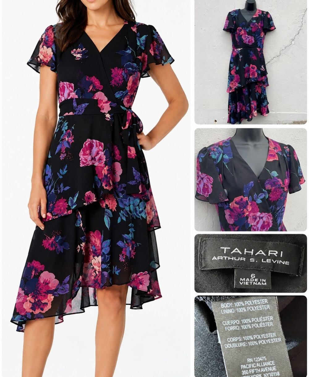 Y2K Romantic Tahari Women's Dress Size 6 Black Floral Tiered Ruffle Feminine